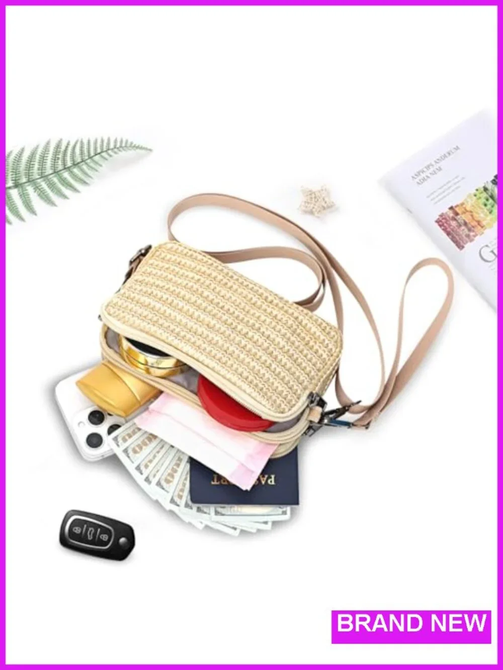 Woven Straw 3-Zip Crossbody Wristlet Wallet with Card Slots